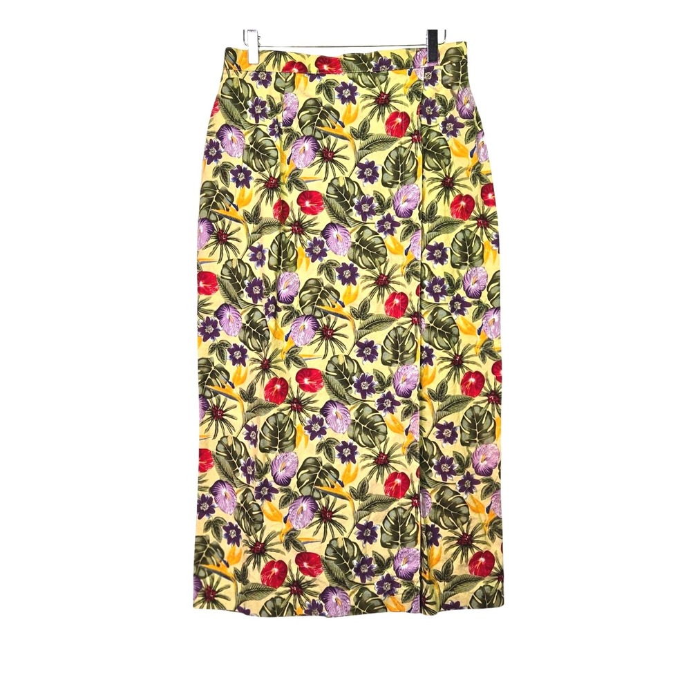 Vintage Tropical Floral Wrap Front Midi Skirt Yellow Bird of Paradise 30 Waist
